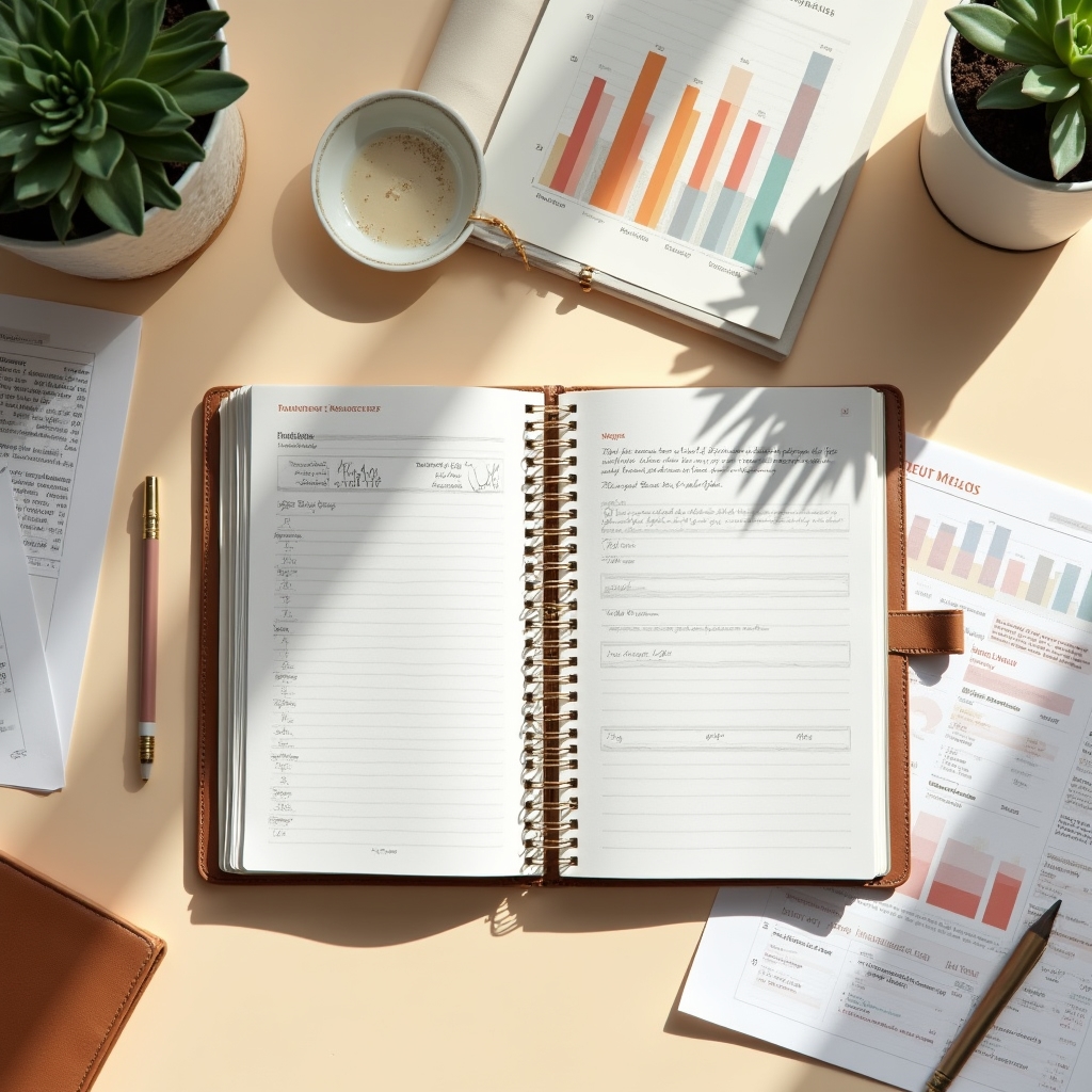 Organized financial planning workspace with charts and notebook