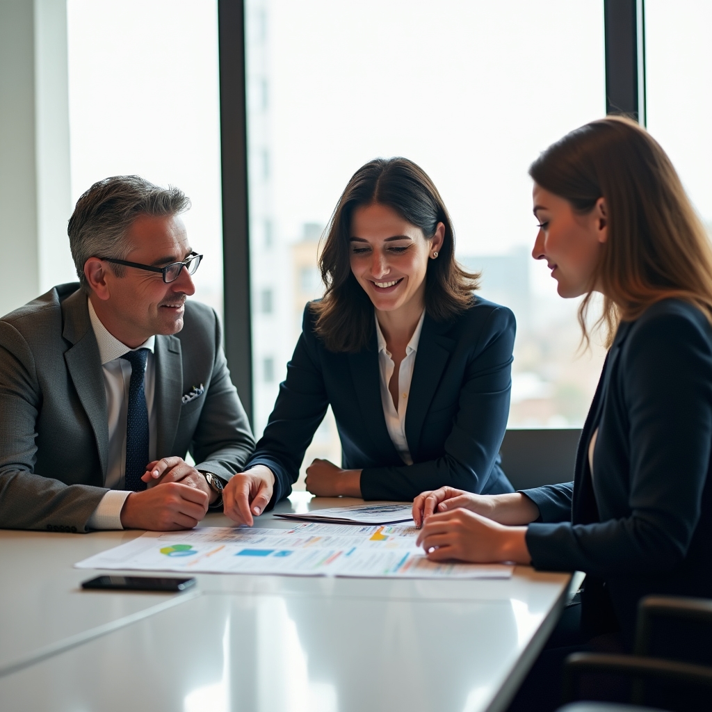 Team discussing financial education materials in a bright office