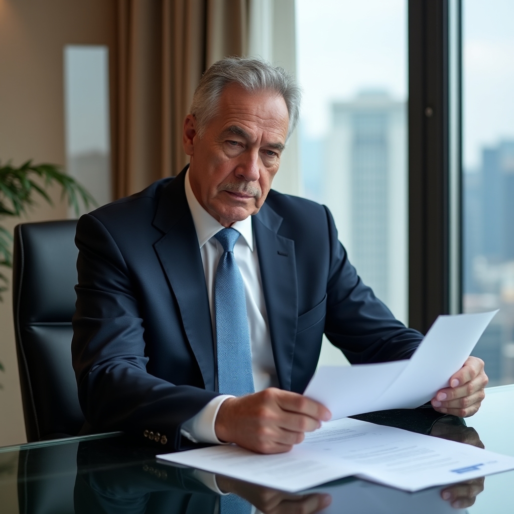 Financial professional reviewing documents at a luxury office with city view