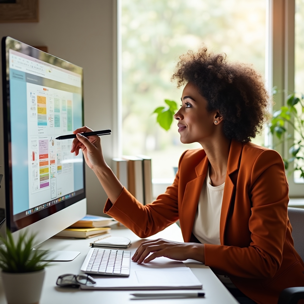 Instructional designer working on educational content at a bright workspace