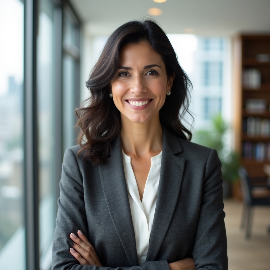 Senior financial educator in business formal attire at a modern office