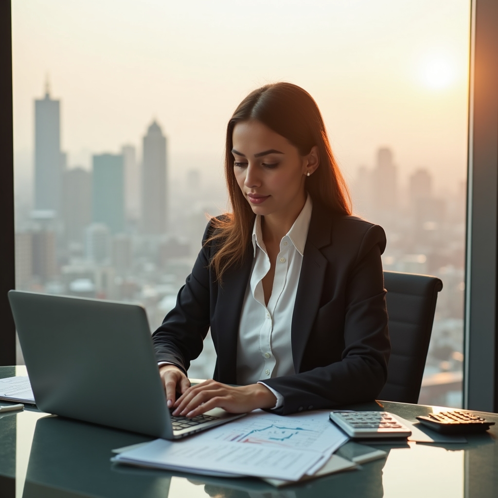 Young professional reviewing financial documents at a modern desk
